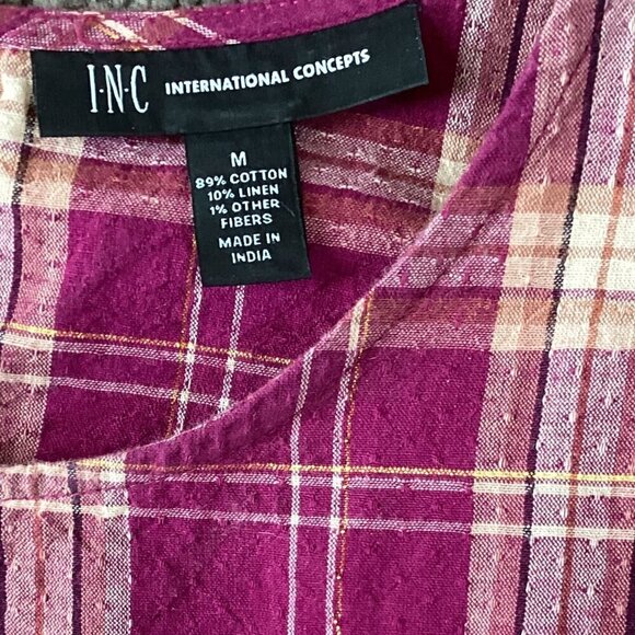 INC International Concepts Madison Plaid Puff-Sleeve Cotton-Linen Top Sz M 315K - Picture 7 of 9